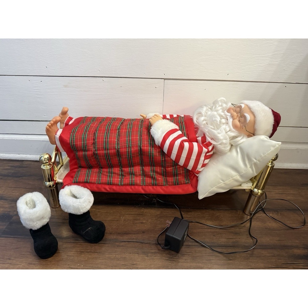 Vintage Grandeur Noel SLEEPING SANTA Animated Snoring Whistling Sound in Bed